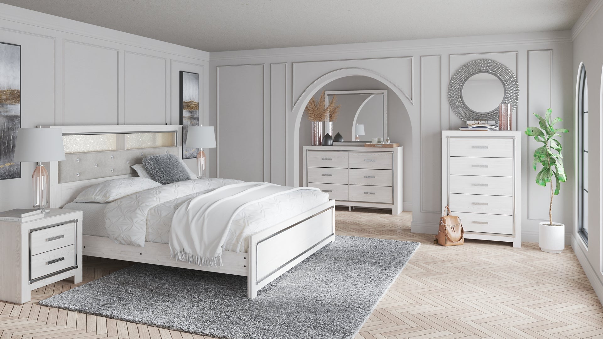 Altyra King Bookcase Headboard with Mirrored Dresser, Chest and Nightstand Rent Wise Rent To Own Jacksonville, Florida