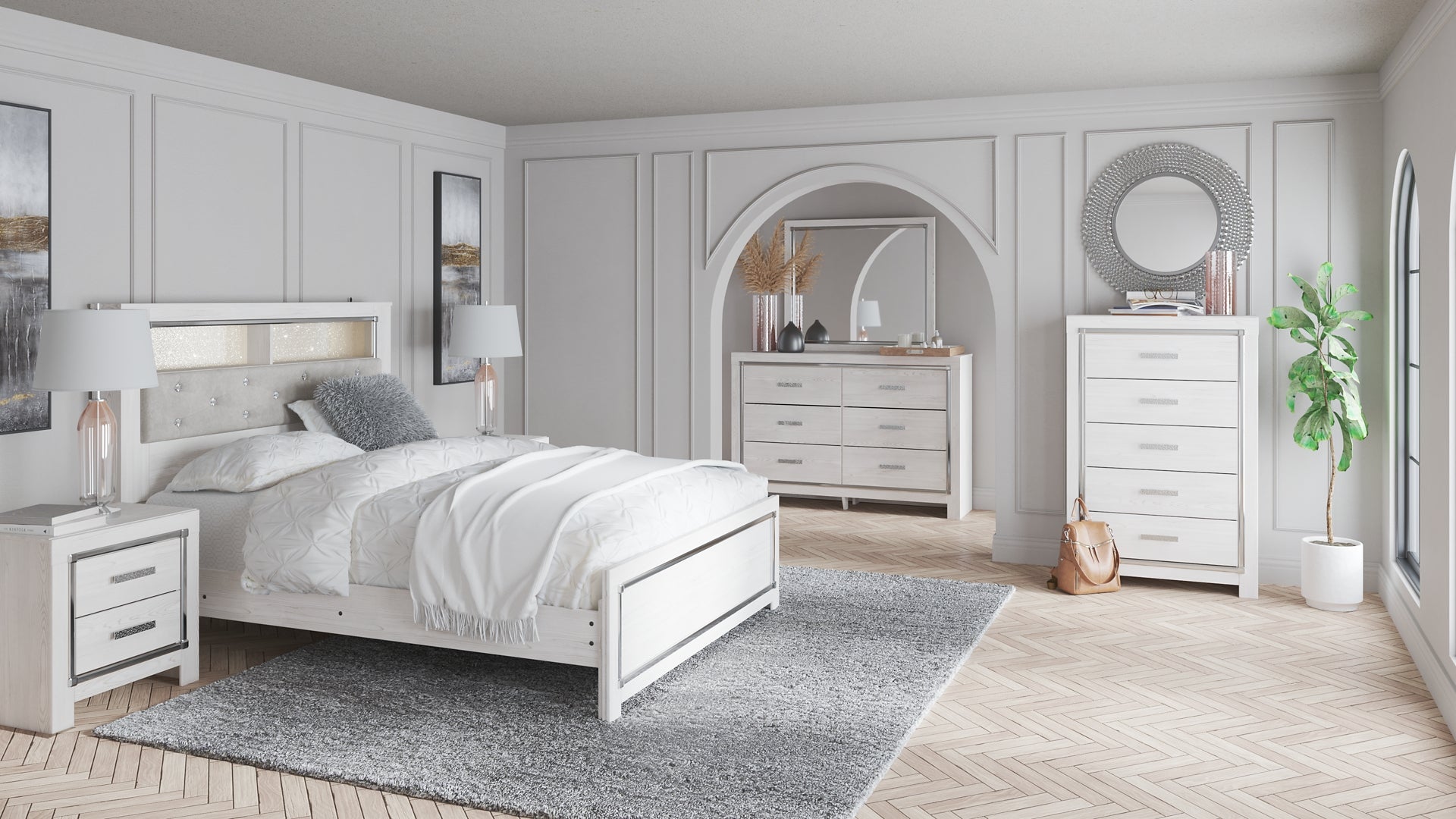 Altyra Queen Bookcase Headboard with Mirrored Dresser, Chest and Nightstand Rent Wise Rent To Own Jacksonville, Florida