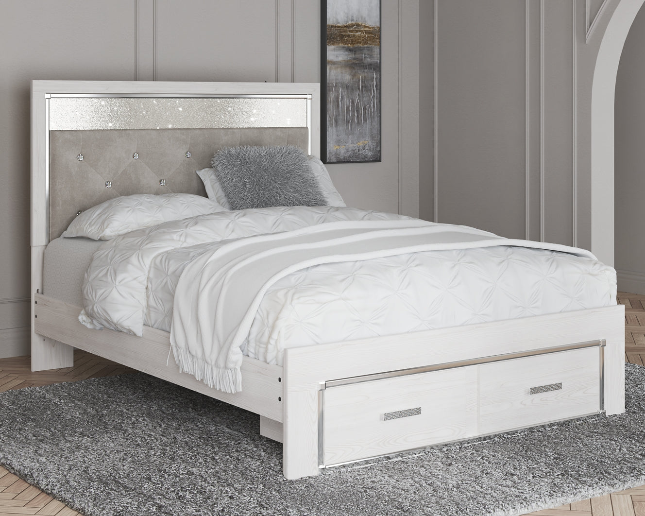 Altyra Queen Upholstered Storage Bed with Mirrored Dresser and Nightstand Rent Wise Rent To Own Jacksonville, Florida