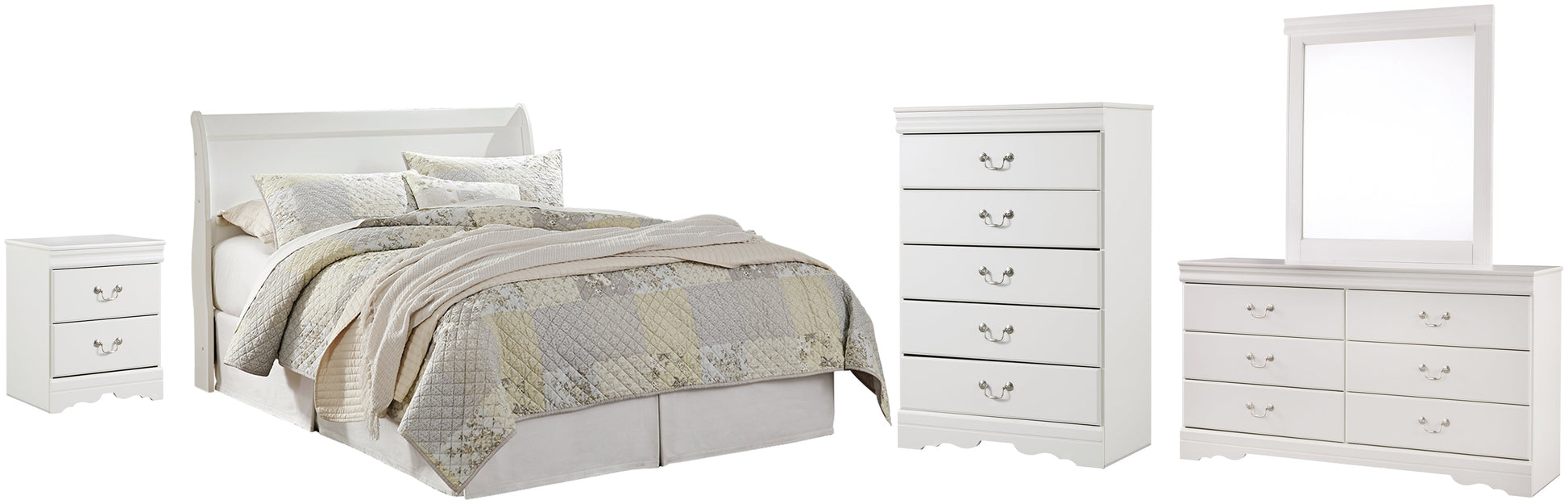 Anarasia Queen Sleigh Headboard with Mirrored Dresser, Chest and Nightstand Rent Wise Rent To Own Jacksonville, Florida