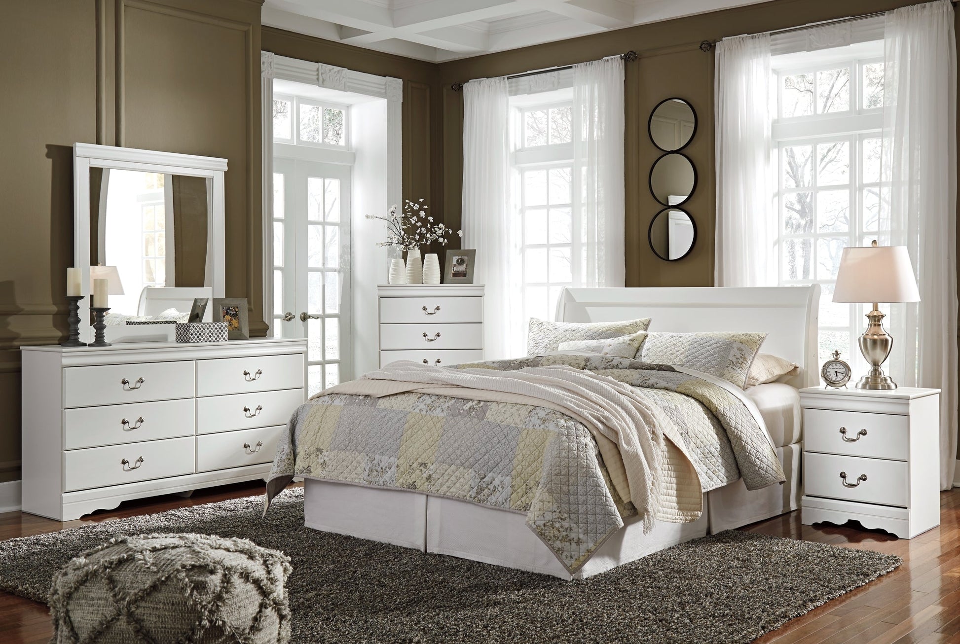 Anarasia Queen Sleigh Headboard with Mirrored Dresser, Chest and Nightstand Rent Wise Rent To Own Jacksonville, Florida