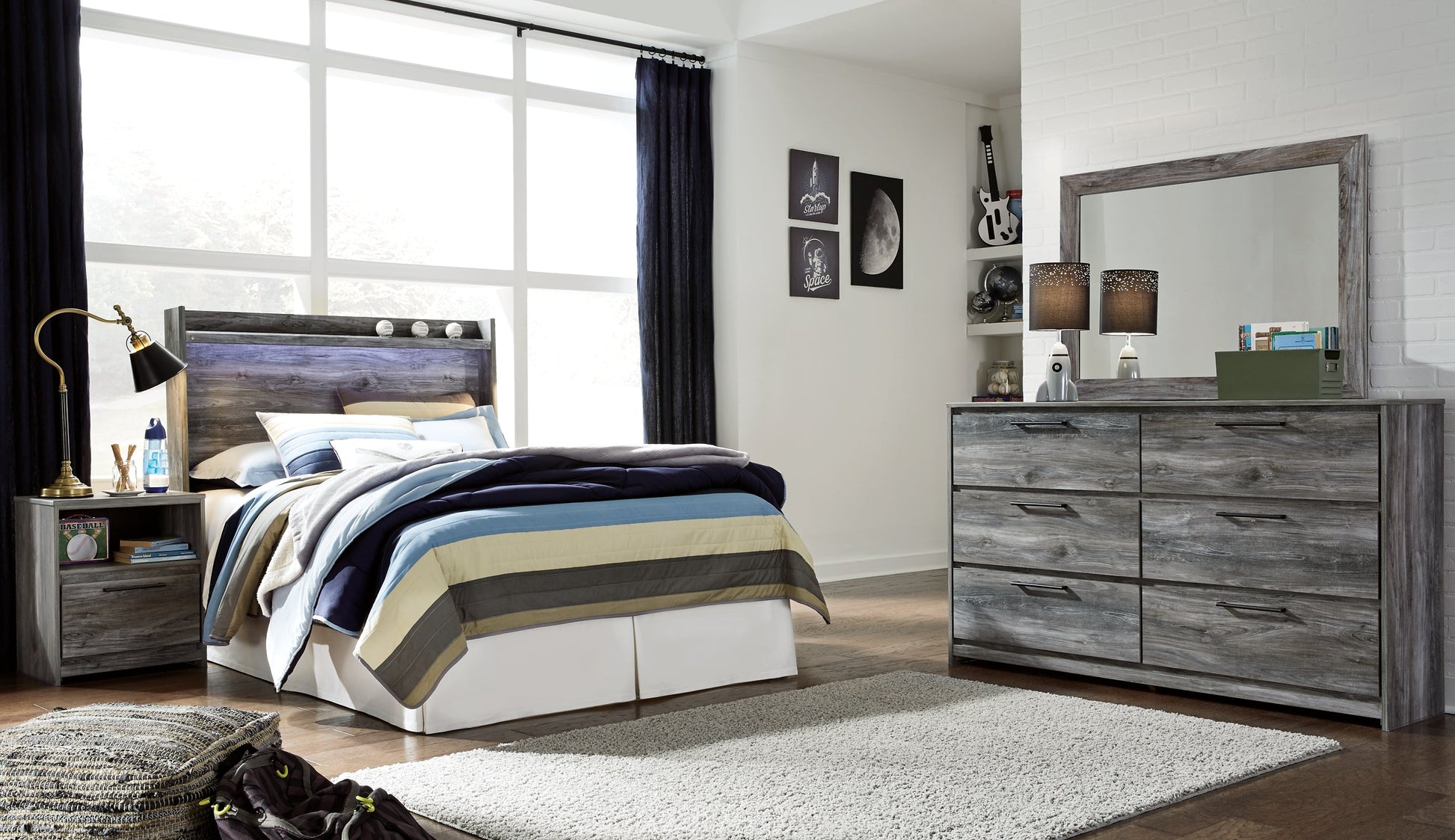 Baystorm Full Panel Headboard with Mirrored Dresser and Nightstand Rent Wise Rent To Own Jacksonville, Florida