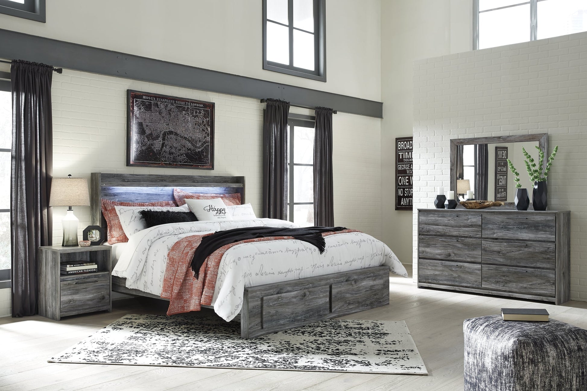 Baystorm King Panel Bed with 2 Storage Drawers with Mirrored Dresser, and Nightstand Rent Wise Rent To Own Jacksonville, Florida