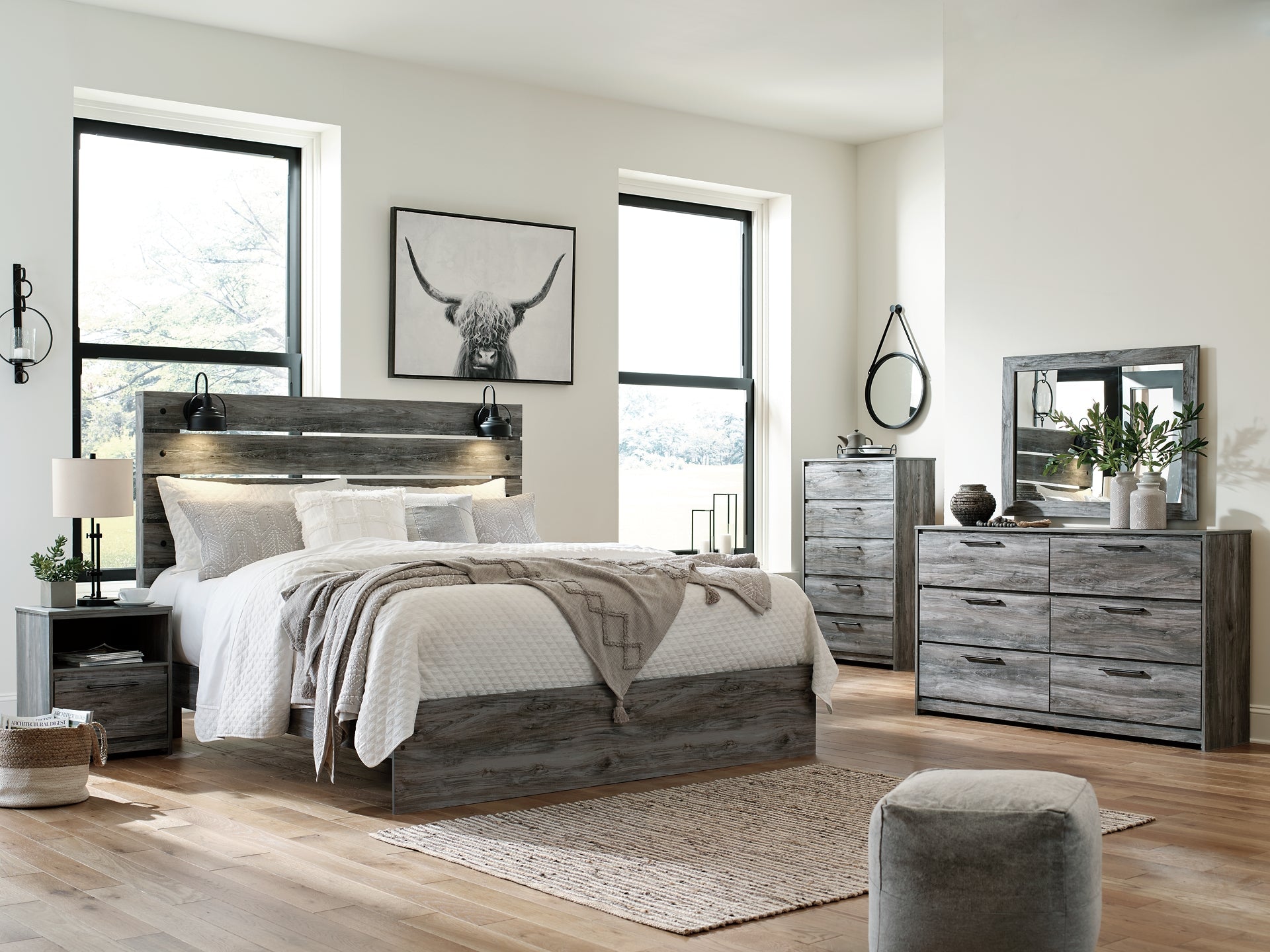 Baystorm King Panel Bed with Mirrored Dresser, Chest and Nightstand Rent Wise Rent To Own Jacksonville, Florida