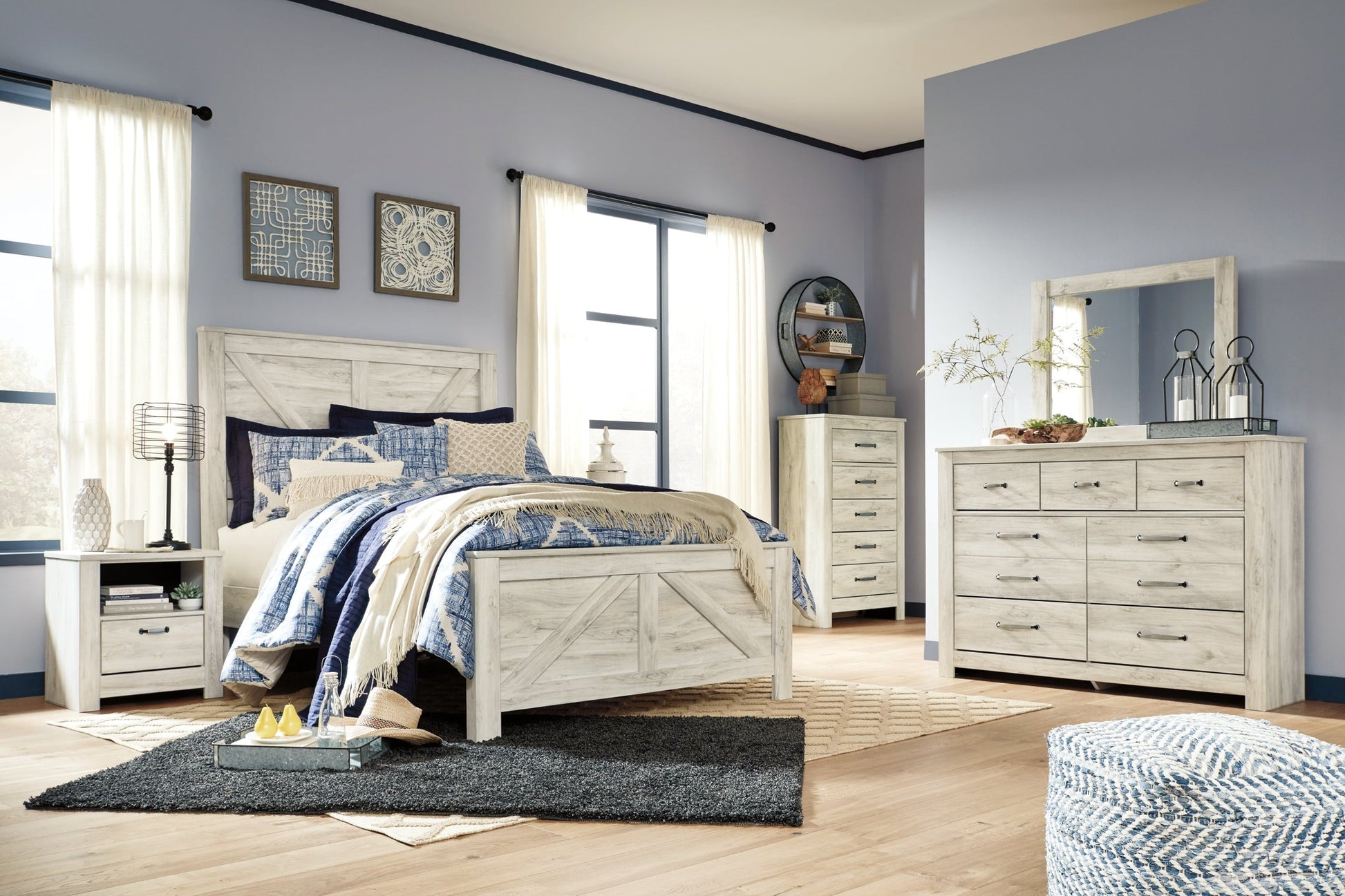 Bellaby Queen Crossbuck Panel Bed with Mirrored Dresser, Chest and 2 Nightstands Rent Wise Rent To Own Jacksonville, Florida