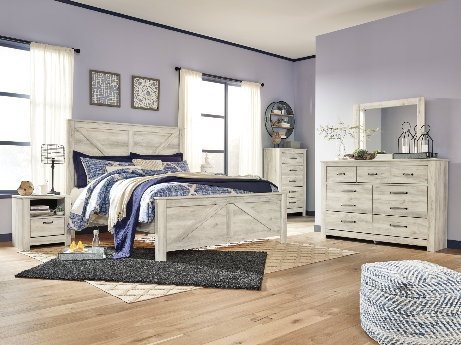 Bellaby Queen Crossbuck Panel Bed with Mirrored Dresser, Chest and 2 Nightstands Rent Wise Rent To Own Jacksonville, Florida