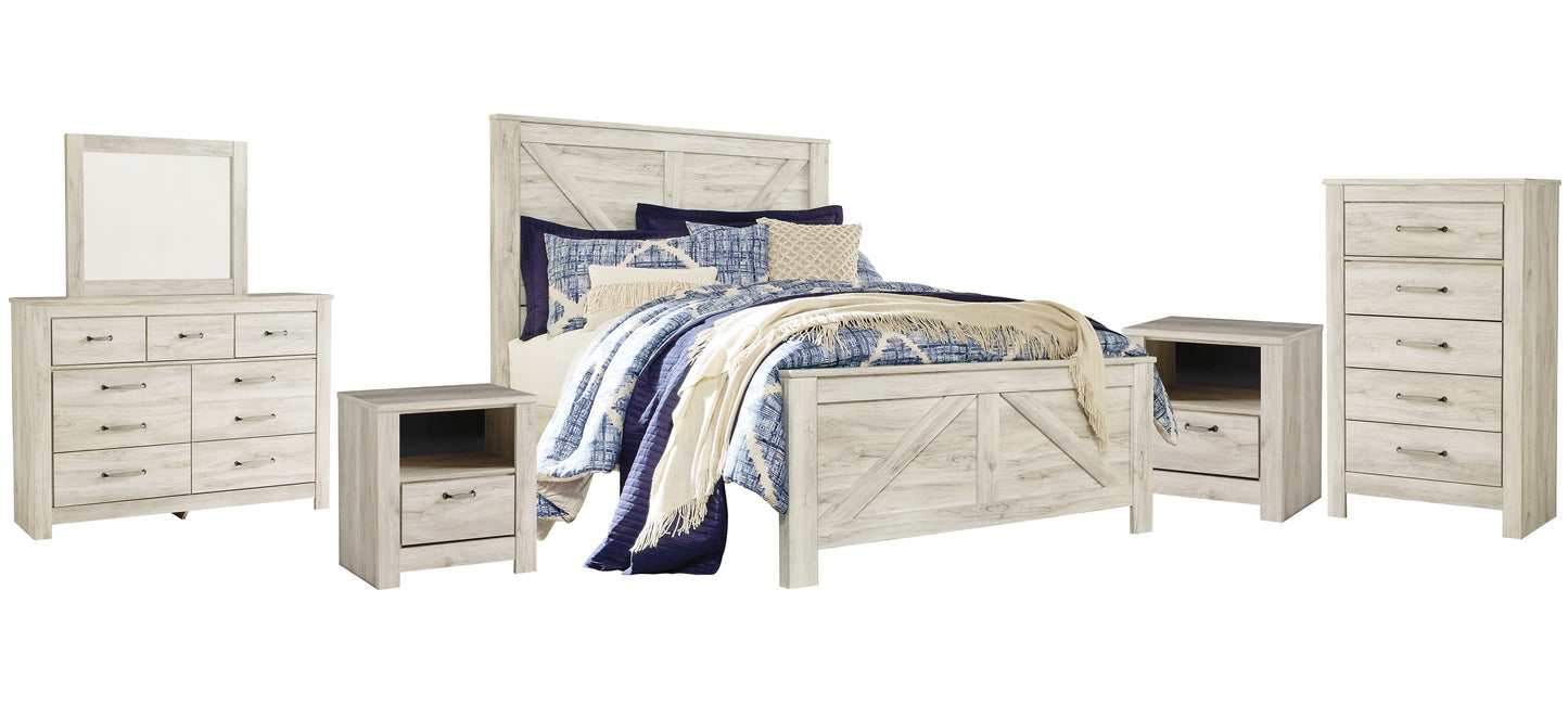 Bellaby Queen Crossbuck Panel Bed with Mirrored Dresser, Chest and 2 Nightstands Rent Wise Rent To Own Jacksonville, Florida