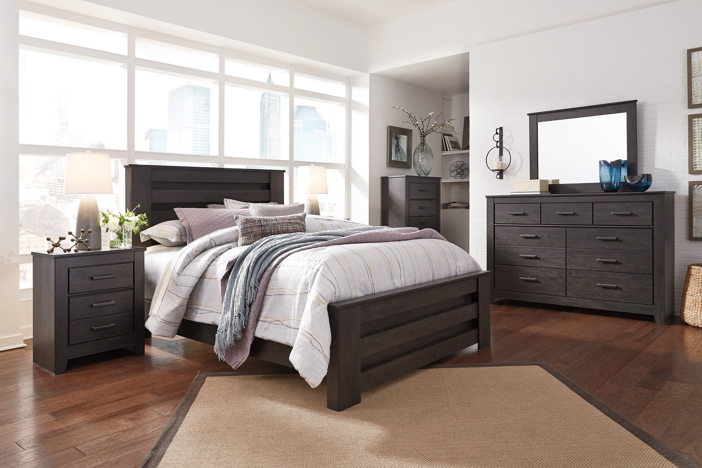 Brinxton Queen Panel Bed with Mirrored Dresser and 2 Nightstands Rent Wise Rent To Own Jacksonville, Florida