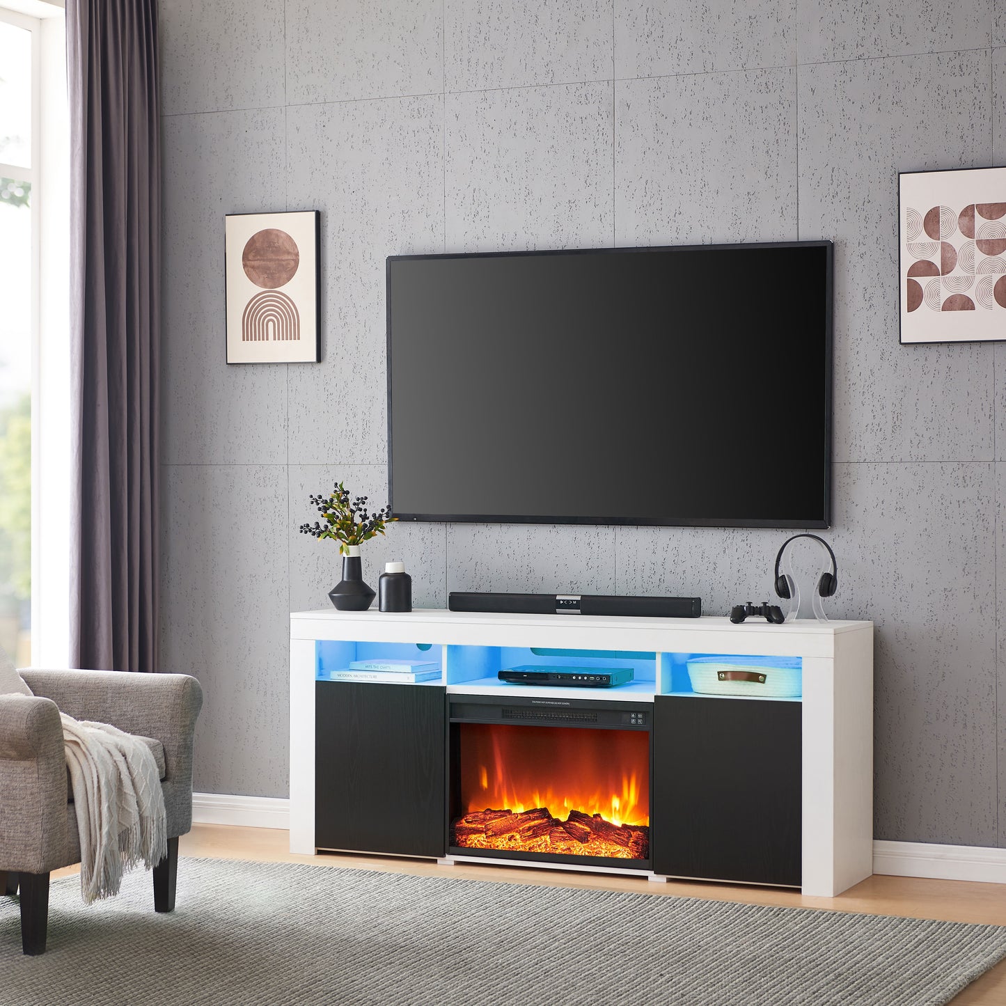 Lenexa LED TV Console White/Black with Firebox