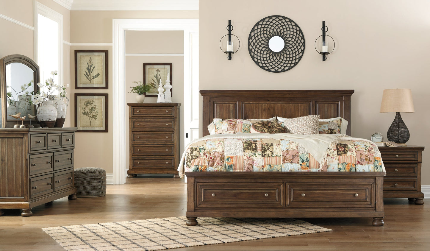 Flynnter California King Panel Bed with 2 Storage Drawers with Mirrored Dresser, Chest and Nightstand Rent Wise Rent To Own Jacksonville, Florida