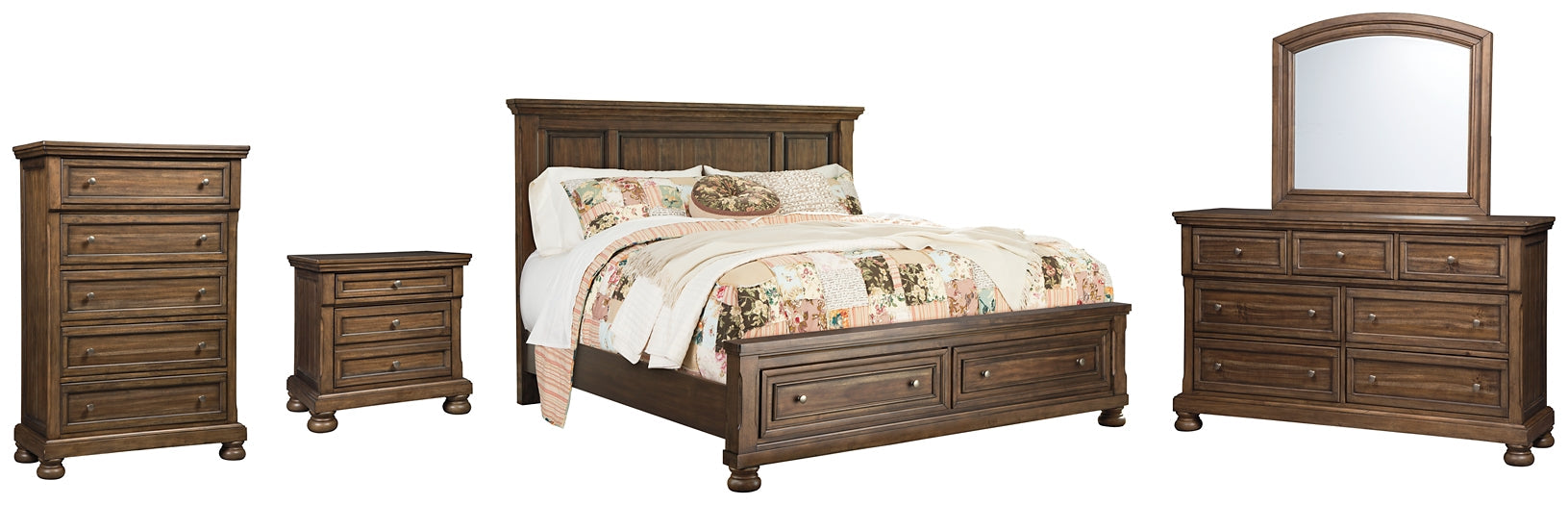 Flynnter King Panel Bed with 2 Storage Drawers with Mirrored Dresser, Chest and Nightstand Rent Wise Rent To Own Jacksonville, Florida