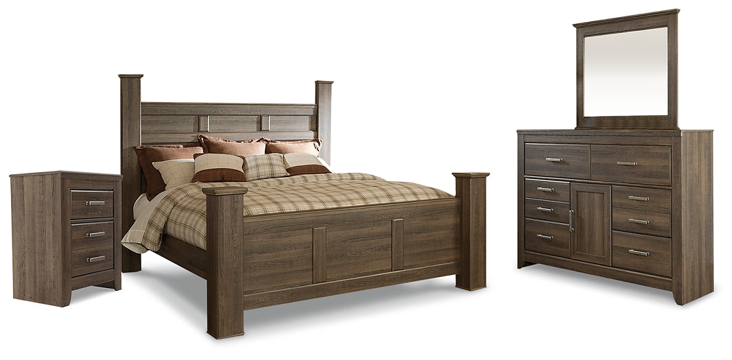 Juararo King Poster Bed with Mirrored Dresser and Nightstand Rent Wise Rent To Own Jacksonville, Florida