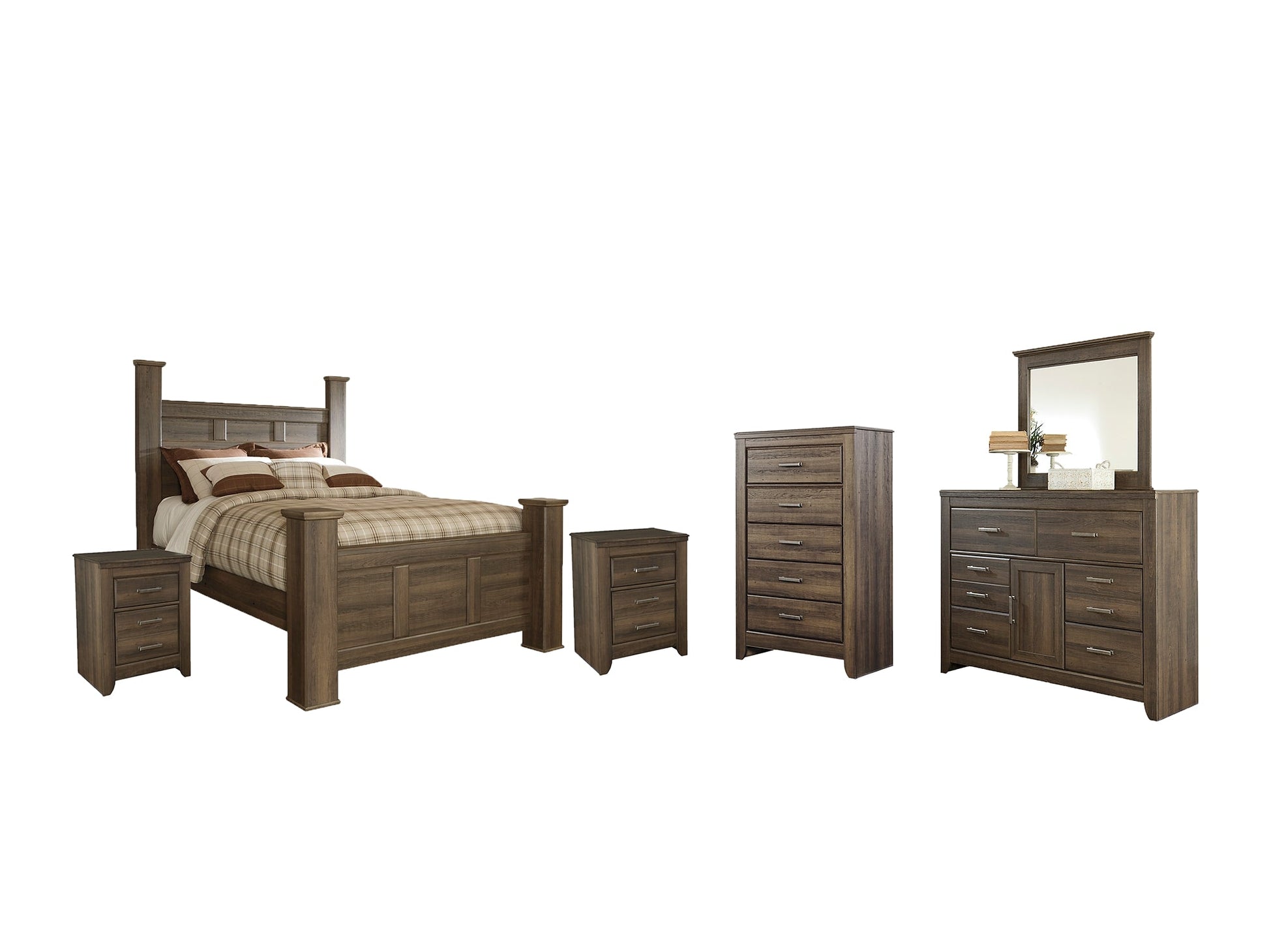 Juararo Queen Poster Bed with Mirrored Dresser, Chest and 2 Nightstands Rent Wise Rent To Own Jacksonville, Florida