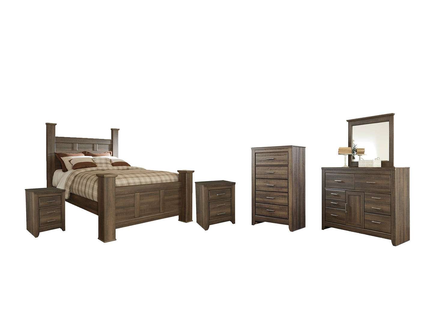 Juararo Queen Poster Bed with Mirrored Dresser, Chest and 2 Nightstands Rent Wise Rent To Own Jacksonville, Florida
