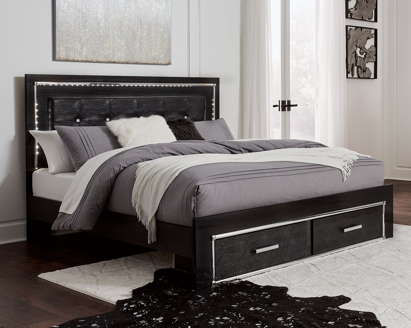 Kaydell King Panel Bed with Storage with Mirrored Dresser and Chest Rent Wise Rent To Own Jacksonville, Florida