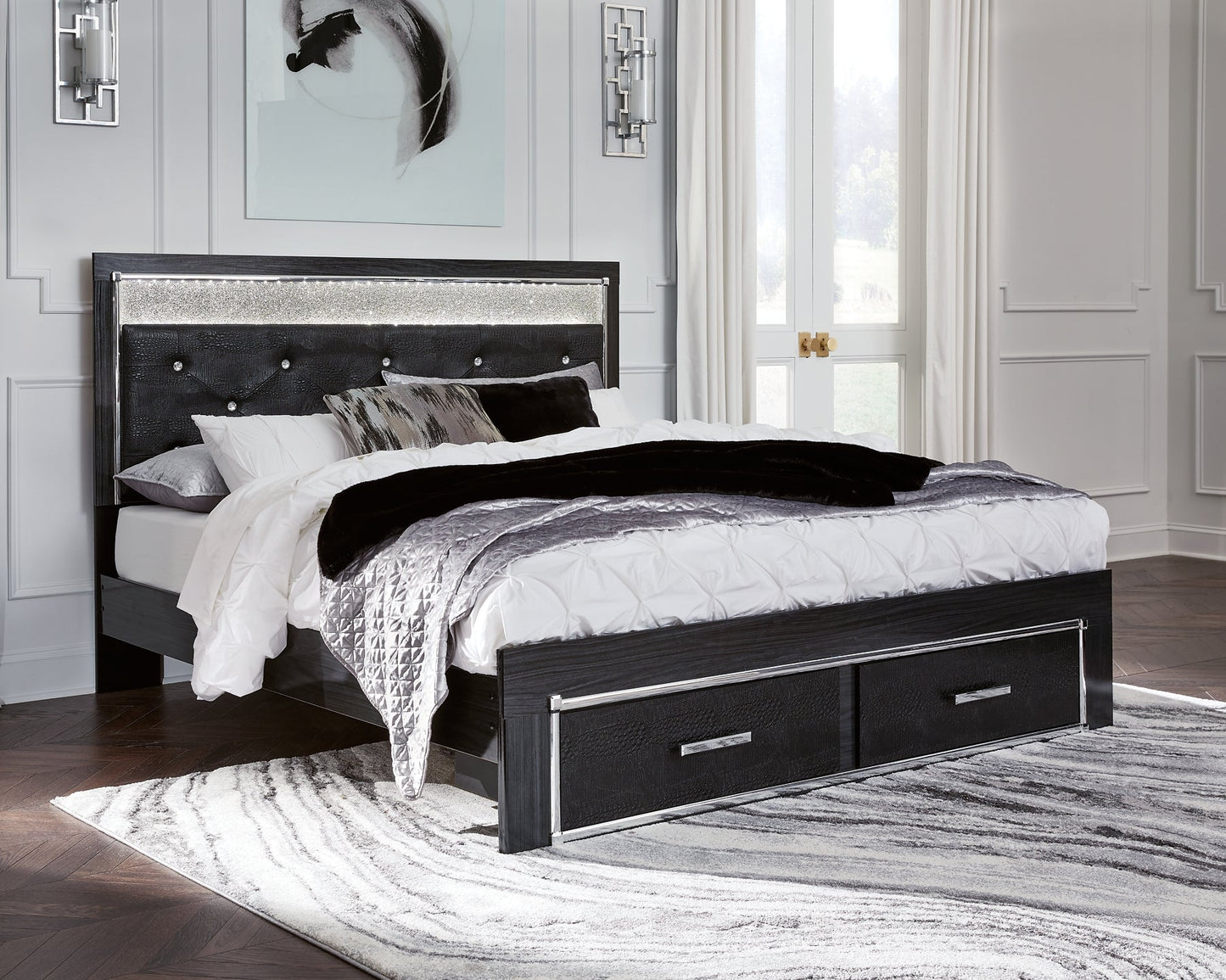 Kaydell King Upholstered Panel Storage Bed with Mirrored Dresser Rent Wise Rent To Own Jacksonville, Florida