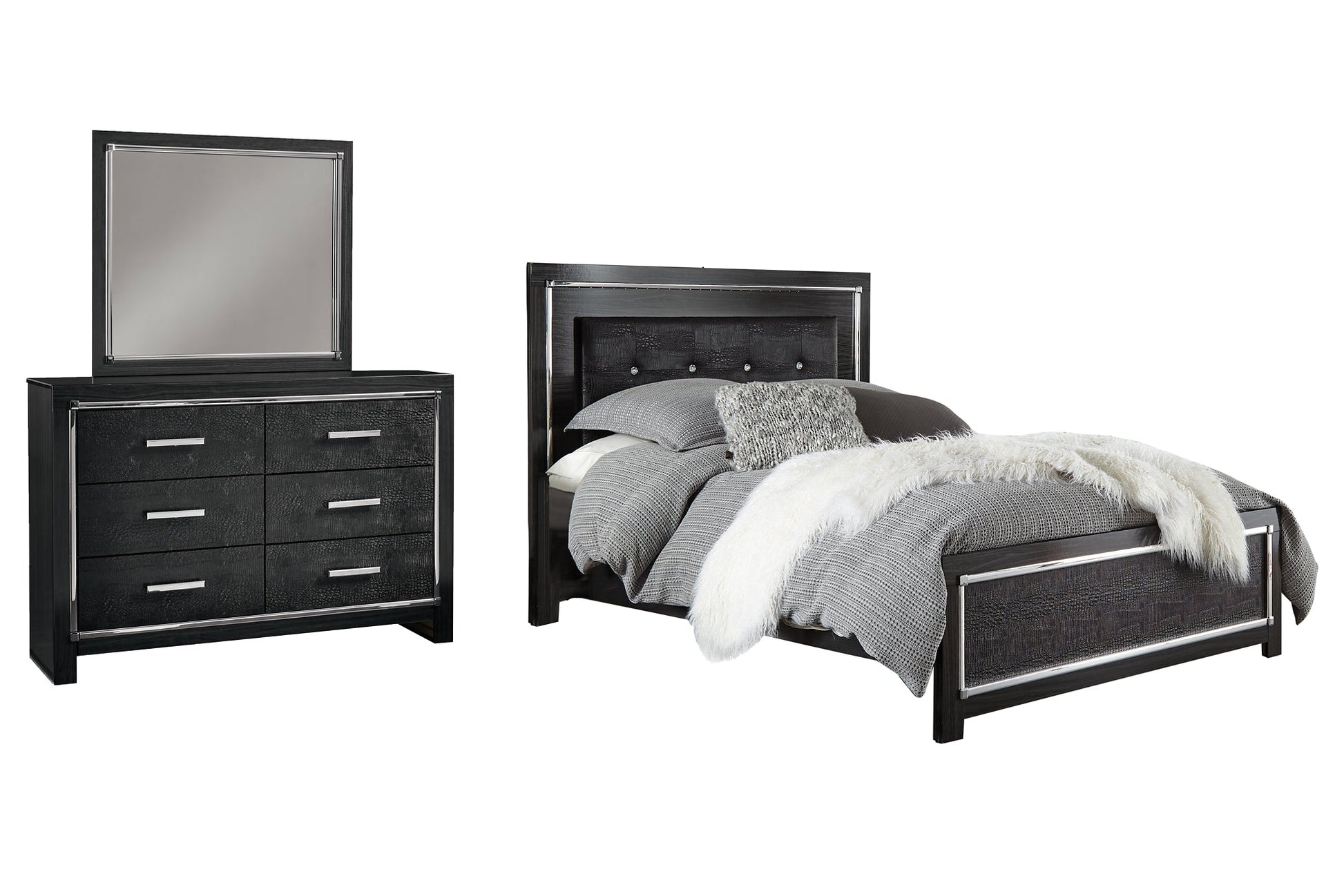 Kaydell Queen Upholstered Panel Bed with Mirrored Dresser Rent Wise Rent To Own Jacksonville, Florida
