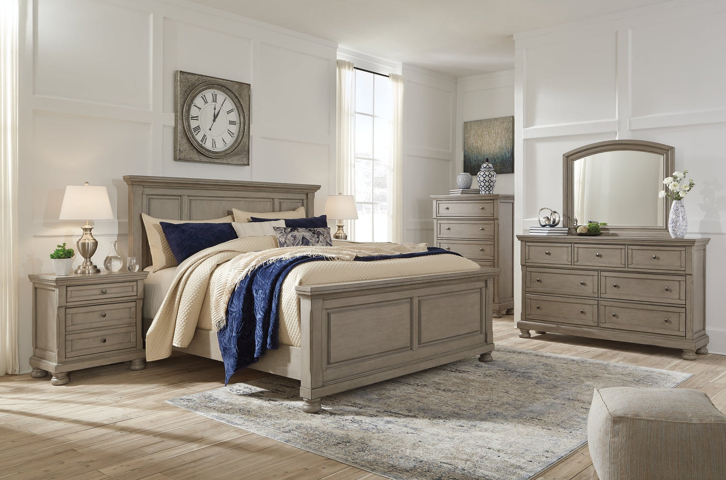 Lettner California King Panel Bed with Mirrored Dresser, Chest and 2 Nightstands Rent Wise Rent To Own Jacksonville, Florida