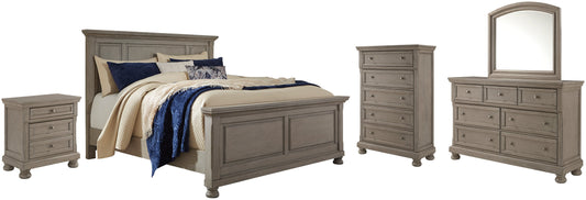 Lettner California King Panel Bed with Mirrored Dresser, Chest and Nightstand Rent Wise Rent To Own Jacksonville, Florida