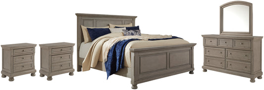 Lettner California King Panel Bed with Mirrored Dresser and 2 Nightstands Rent Wise Rent To Own Jacksonville, Florida