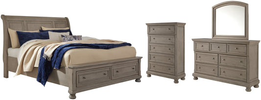 Lettner California King Sleigh Bed with Mirrored Dresser and Chest Rent Wise Rent To Own Jacksonville, Florida