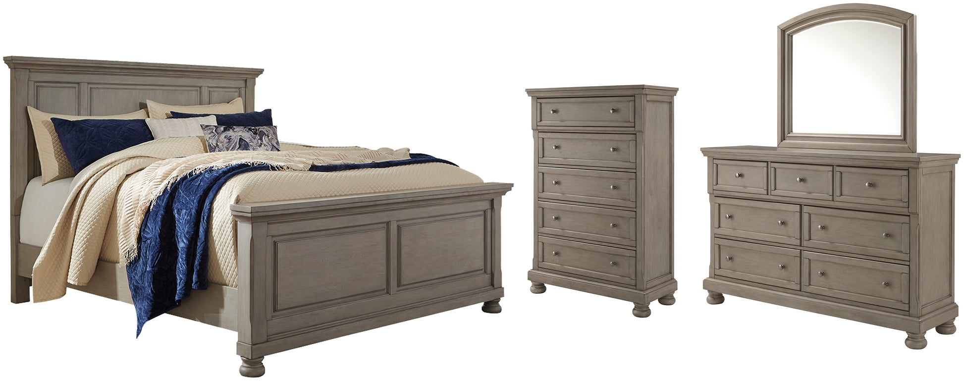 Lettner King Panel Bed with Mirrored Dresser and Chest Rent Wise Rent To Own Jacksonville, Florida