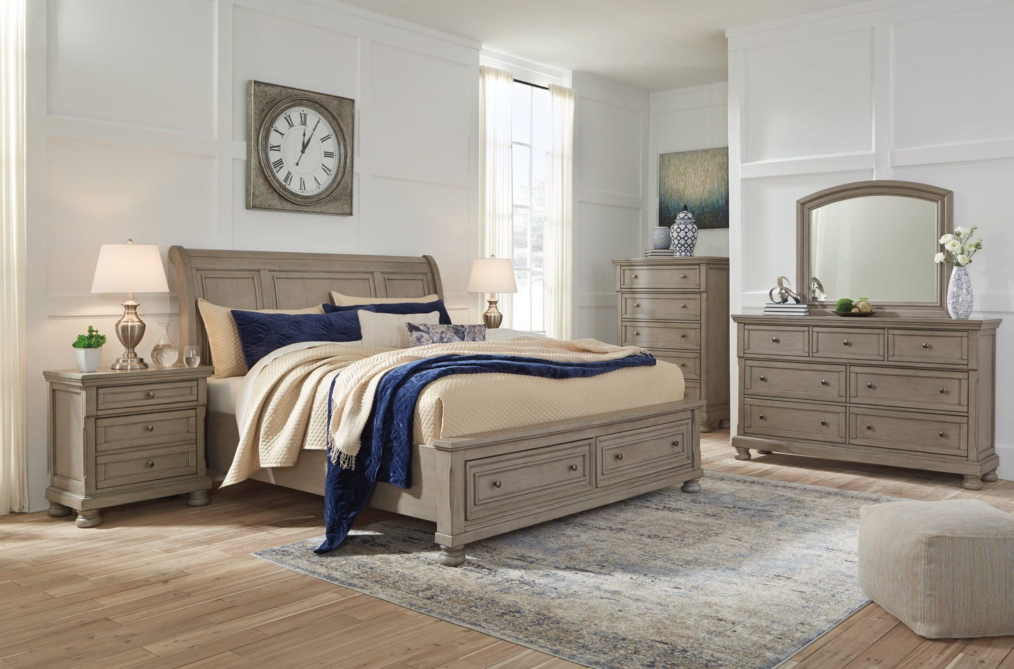 Lettner King Sleigh Bed with 2 Storage Drawers with Mirrored Dresser, Chest and Nightstand Rent Wise Rent To Own Jacksonville, Florida