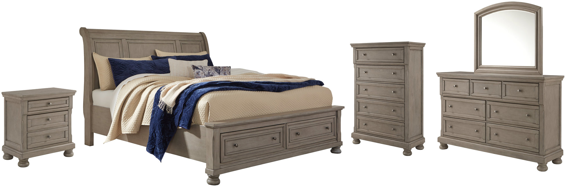 Lettner King Sleigh Bed with 2 Storage Drawers with Mirrored Dresser, Chest and Nightstand Rent Wise Rent To Own Jacksonville, Florida