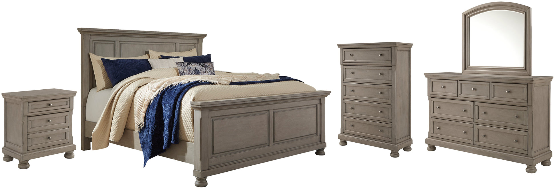 Lettner Queen Panel Bed with Mirrored Dresser, Chest and Nightstand Rent Wise Rent To Own Jacksonville, Florida