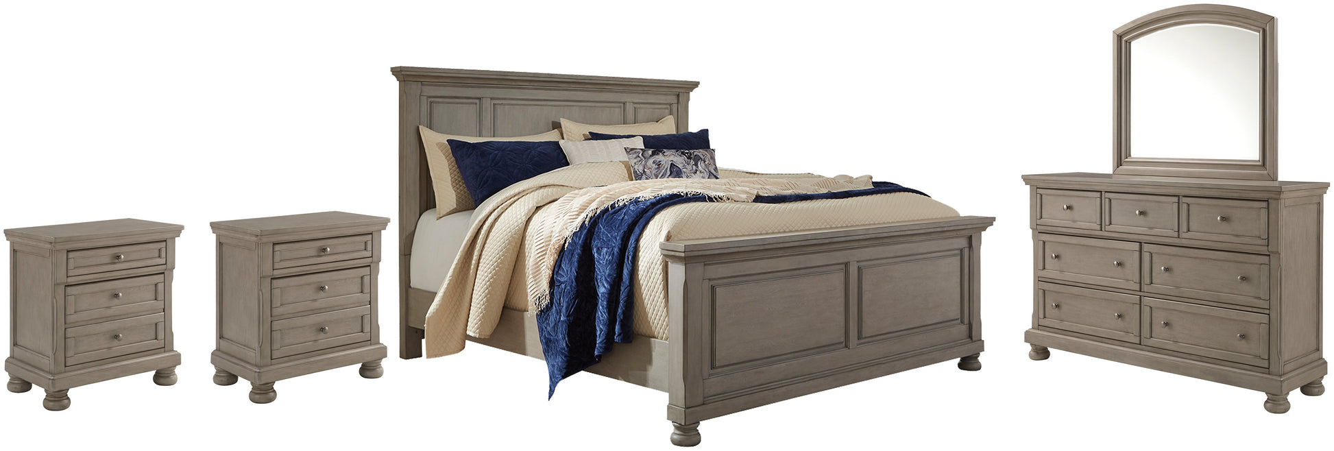 Lettner Queen Panel Bed with Mirrored Dresser and 2 Nightstands Rent Wise Rent To Own Jacksonville, Florida