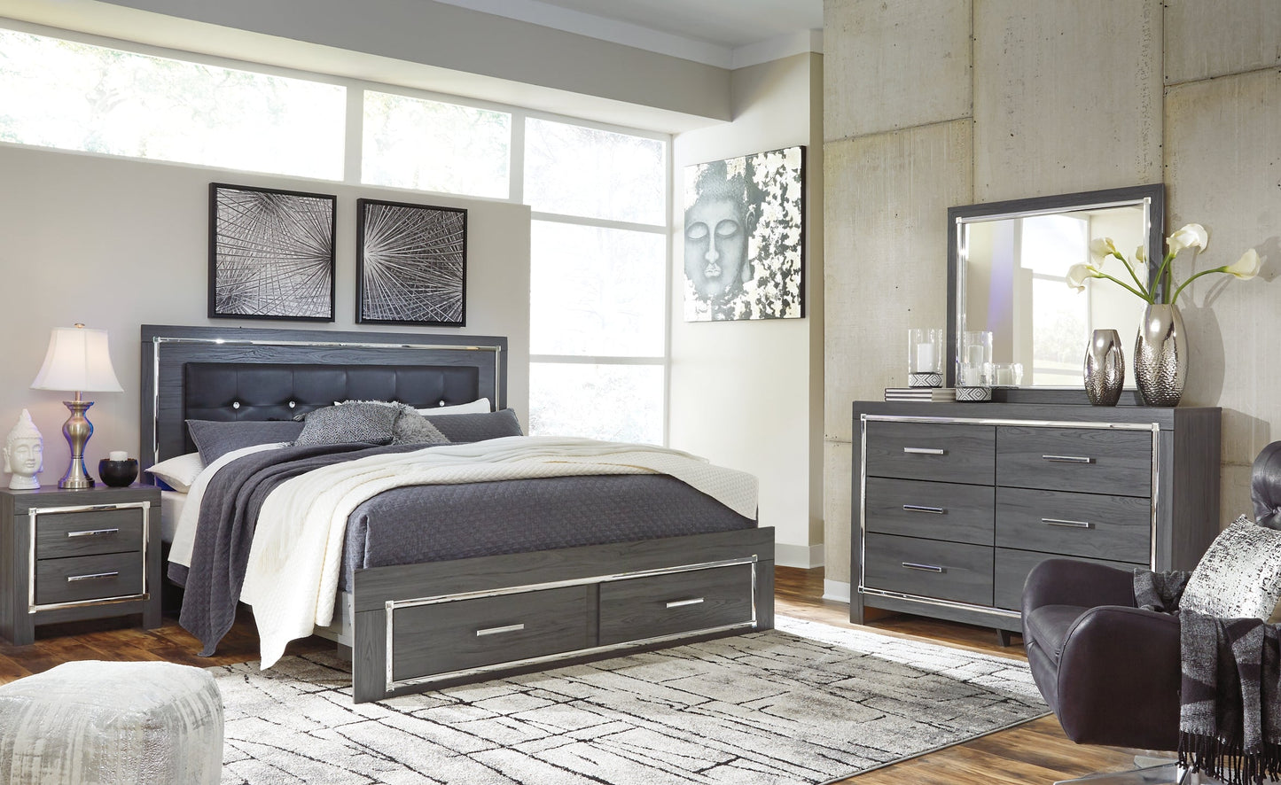 Lodanna King Panel Bed with 2 Storage Drawers with Mirrored Dresser and Nightstand Rent Wise Rent To Own Jacksonville, Florida