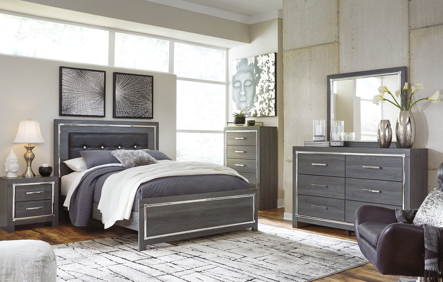 Lodanna Queen Panel Bed with Mirrored Dresser, Chest and Nightstand Rent Wise Rent To Own Jacksonville, Florida