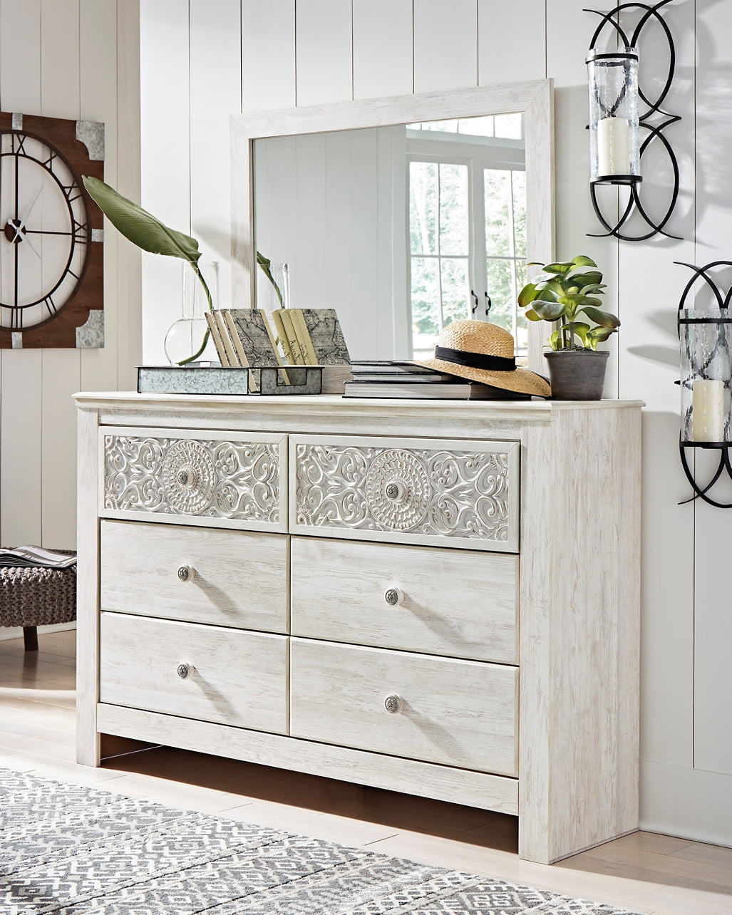 Paxberry Queen Panel Bed with Mirrored Dresser, Chest and Nightstand Rent Wise Rent To Own Jacksonville, Florida