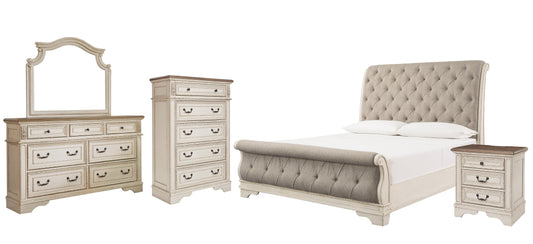 Realyn California King Sleigh Bed with Mirrored Dresser, Chest and Nightstand Rent Wise Rent To Own Jacksonville, Florida