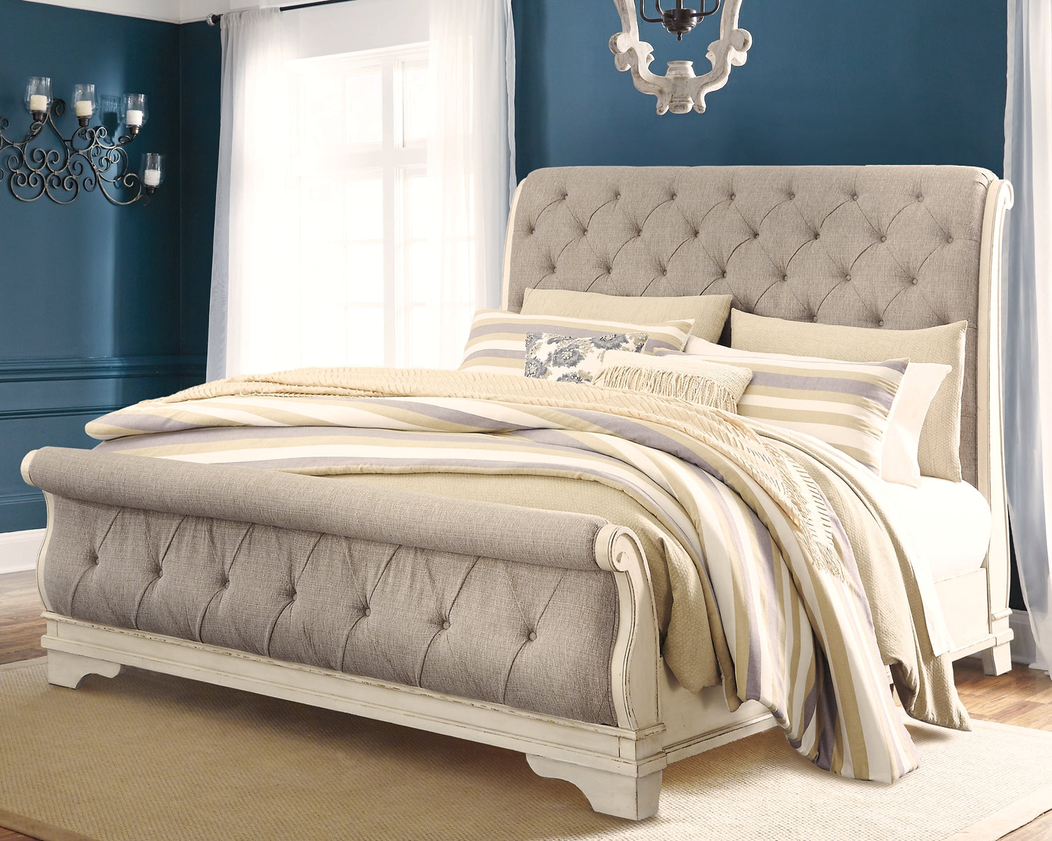 Realyn California King Sleigh Bed with Mirrored Dresser and Chest Rent Wise Rent To Own Jacksonville, Florida