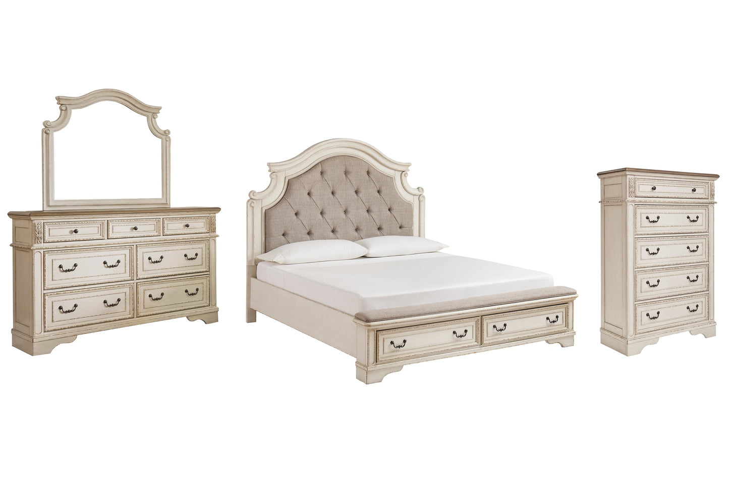 Realyn King Upholstered Bed with Mirrored Dresser and Chest Rent Wise Rent To Own Jacksonville, Florida