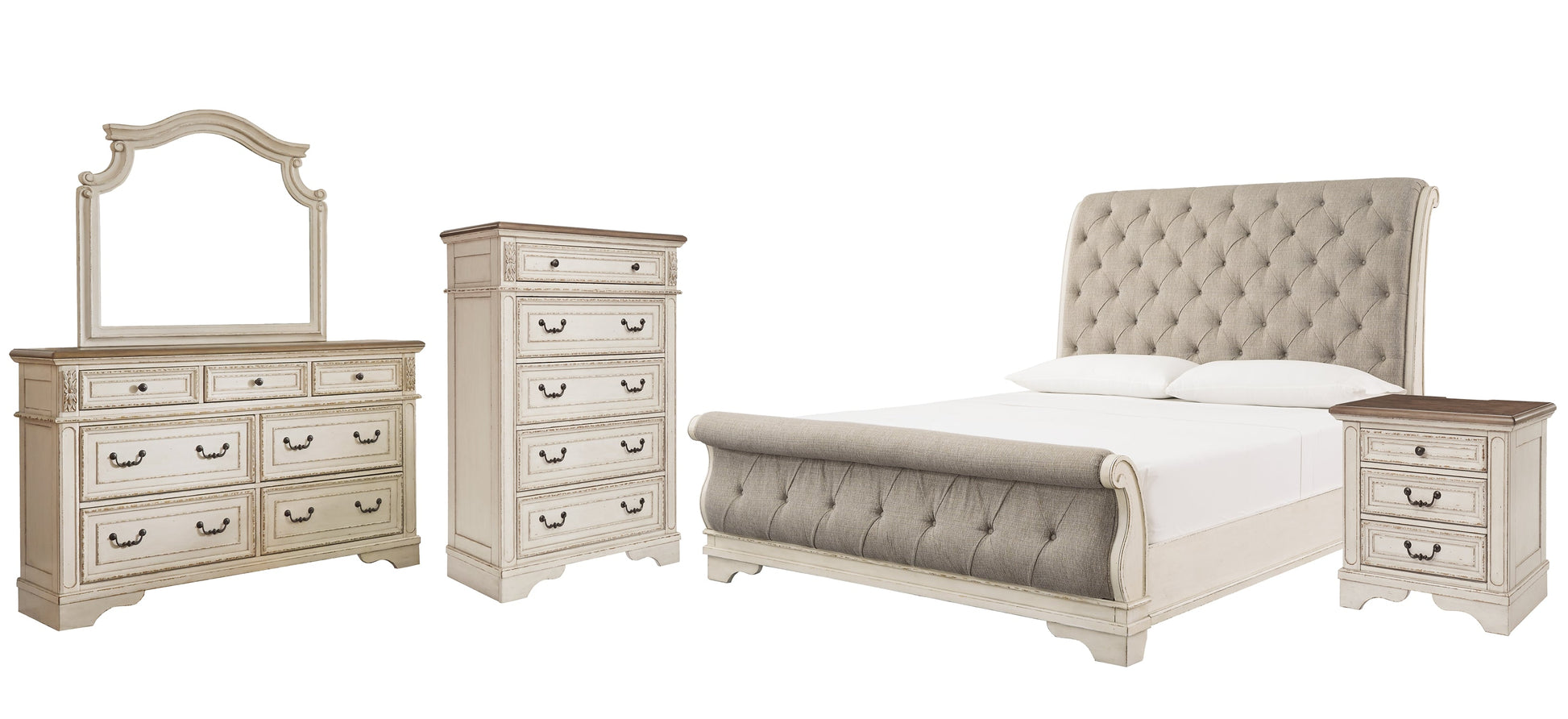 Realyn Queen Sleigh Bed with Mirrored Dresser, Chest and Nightstand Rent Wise Rent To Own Jacksonville, Florida