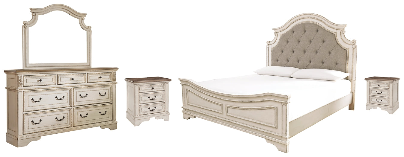 Realyn Queen Upholstered Panel Bed with Mirrored Dresser and 2 Nightstands Rent Wise Rent To Own Jacksonville, Florida