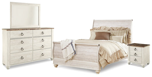 Willowton Queen Sleigh Bed with Mirrored Dresser and Nightstand Rent Wise Rent To Own Jacksonville, Florida