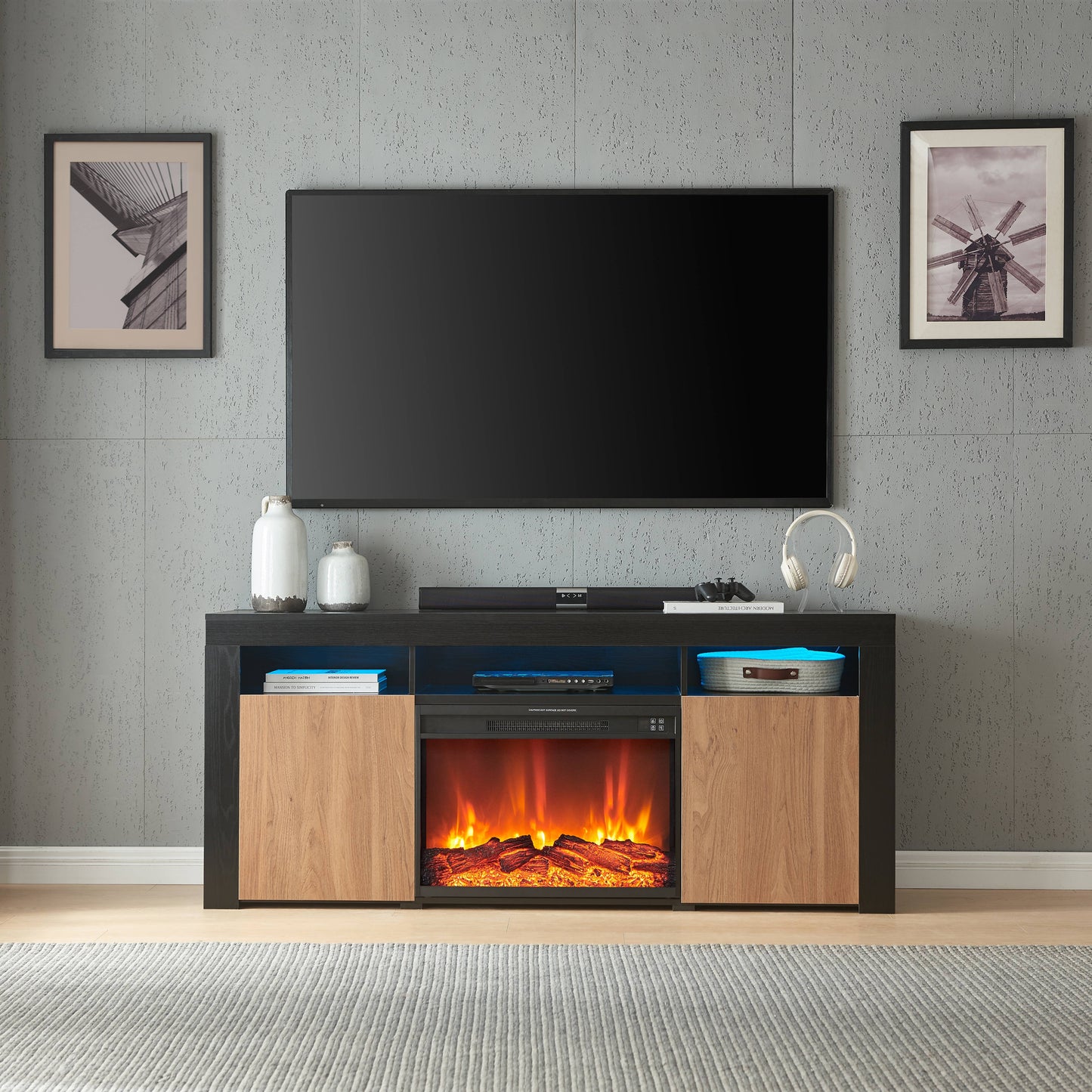 Lenexa LED TV Console Black/Walnut with Firebox