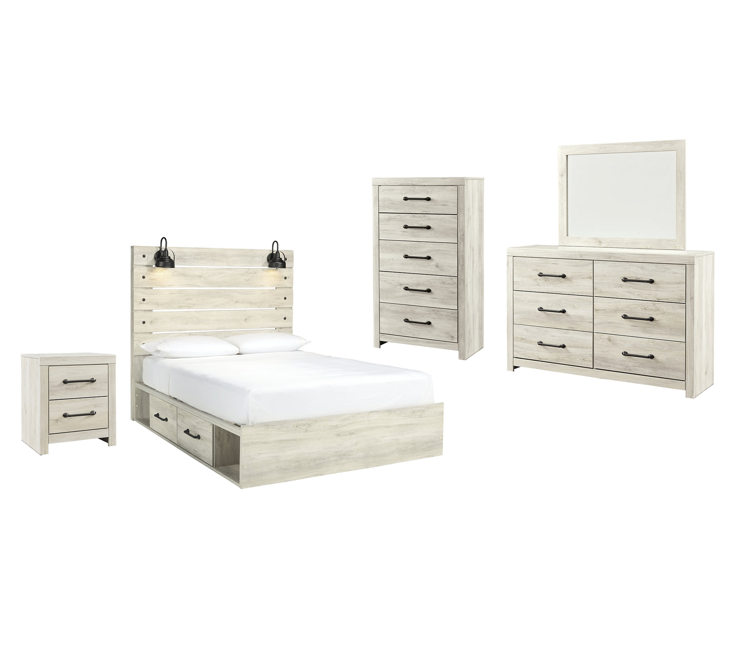 Cambeck  Panel Bed With 4 Storage Drawers With Mirrored Dresser, Chest And Nightstand