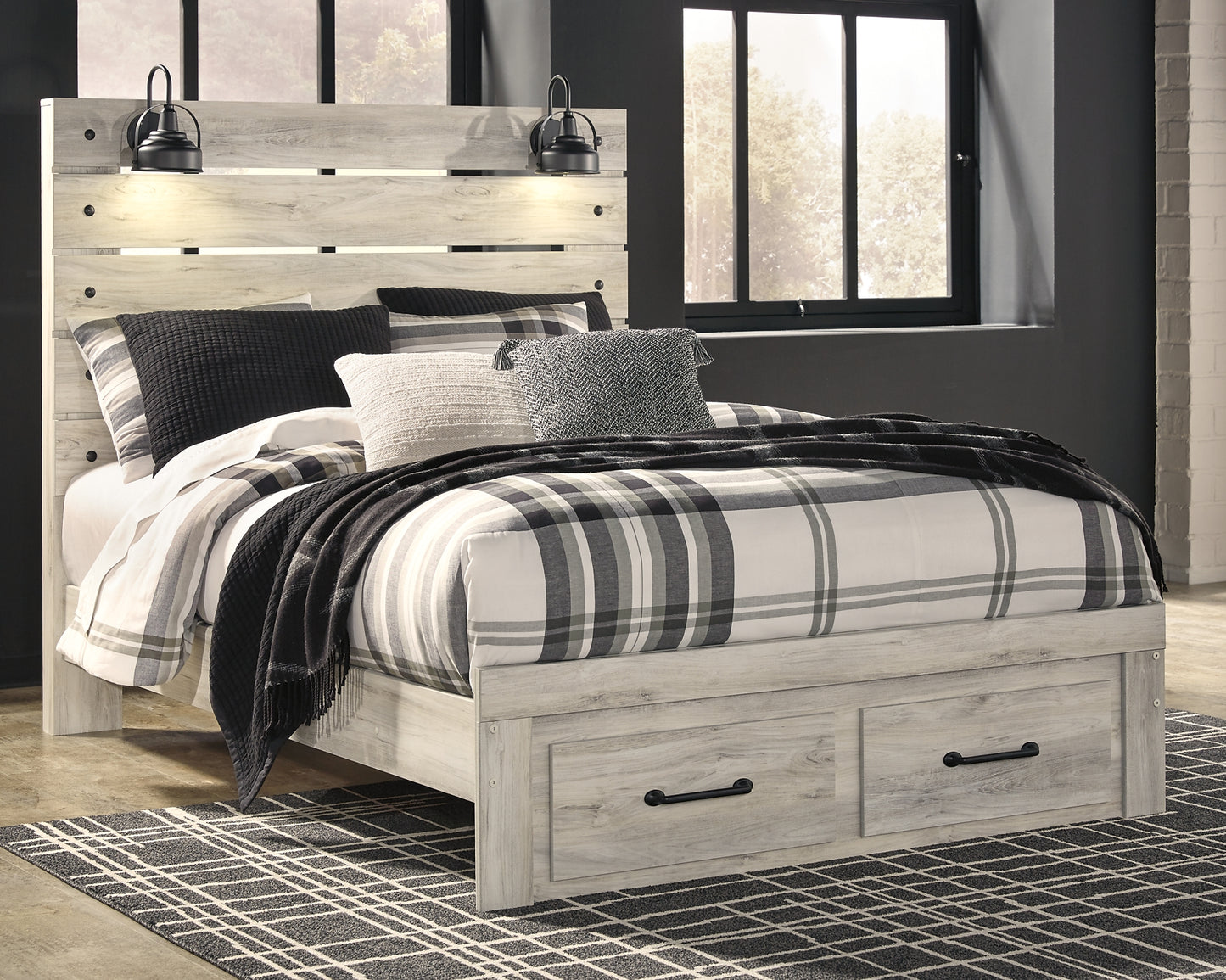 Cambeck  Panel Bed With 2 Storage Drawers With Mirrored Dresser