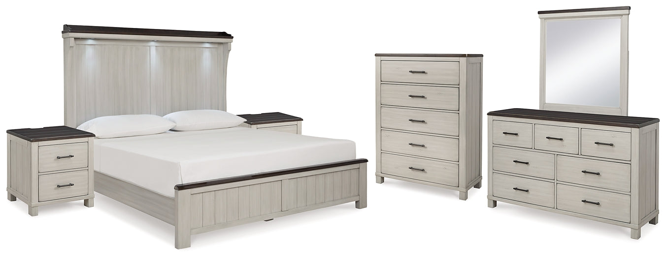 Darborn California  Panel Bed With Mirrored Dresser, Chest And 2 Nightstands