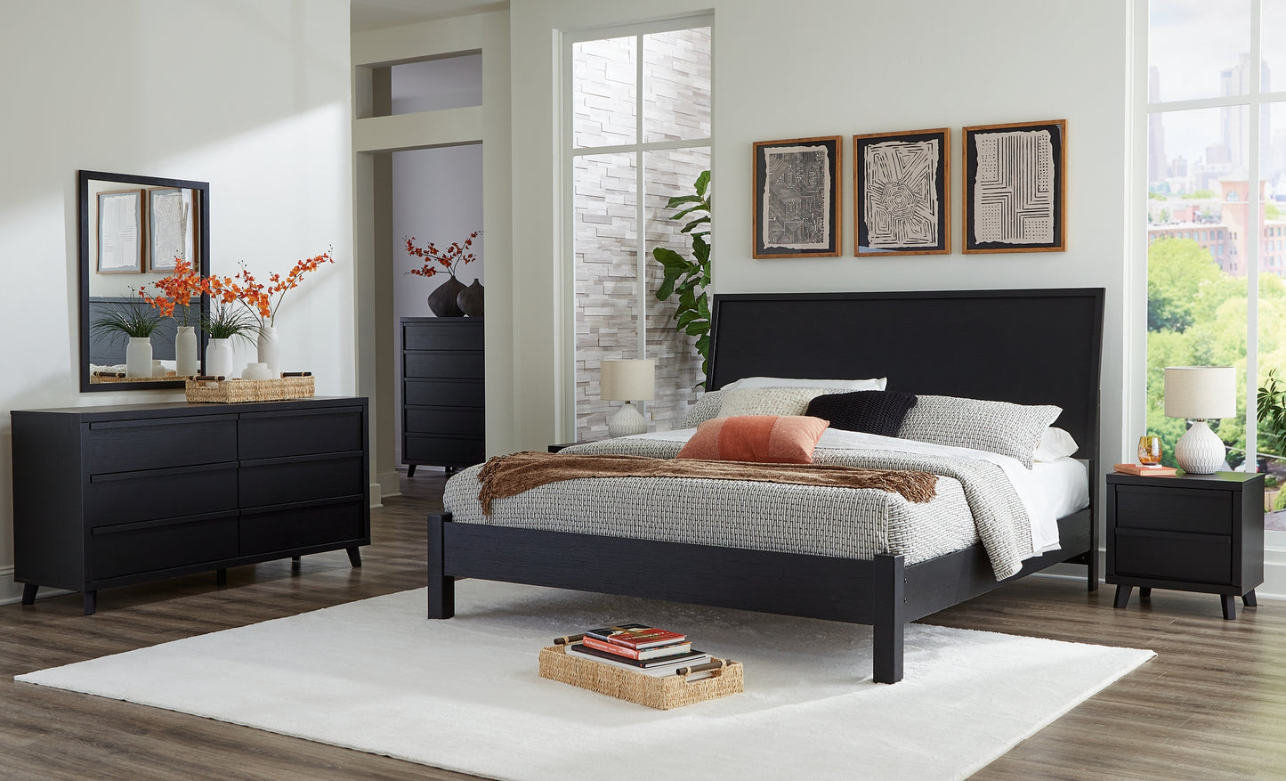 Danziar  Panel Bed With Mirrored Dresser And 2 Nightstands