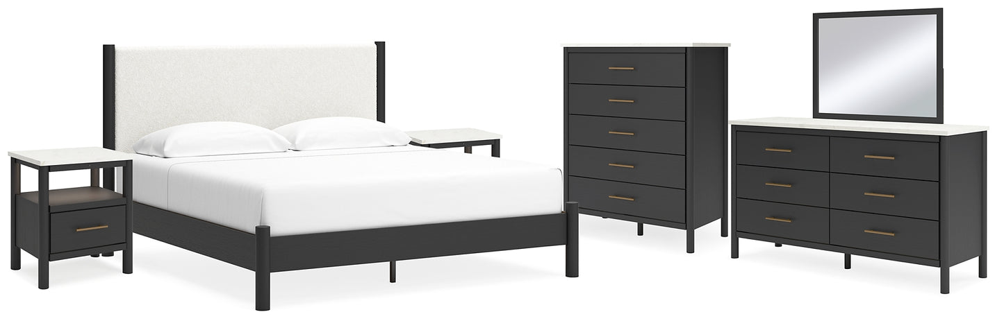 Cadmori  Upholstered Panel Bed With Mirrored Dresser, Chest And 2 Nightstands