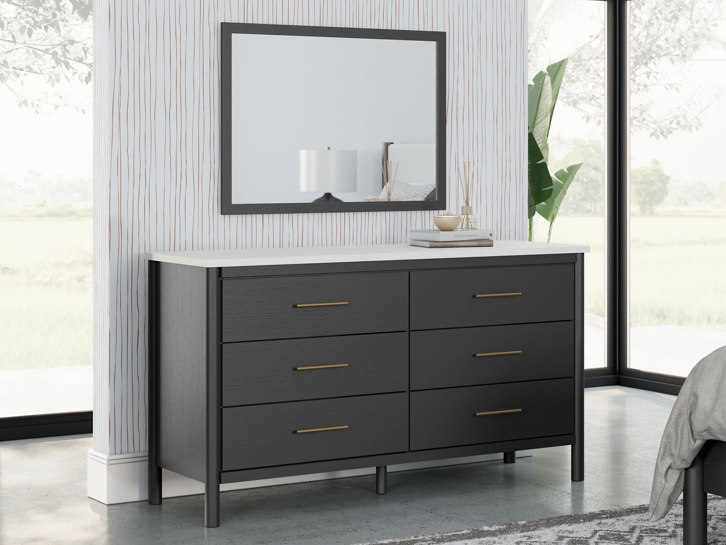 Cadmori  Upholstered Panel Bed With Mirrored Dresser And 2 Nightstands