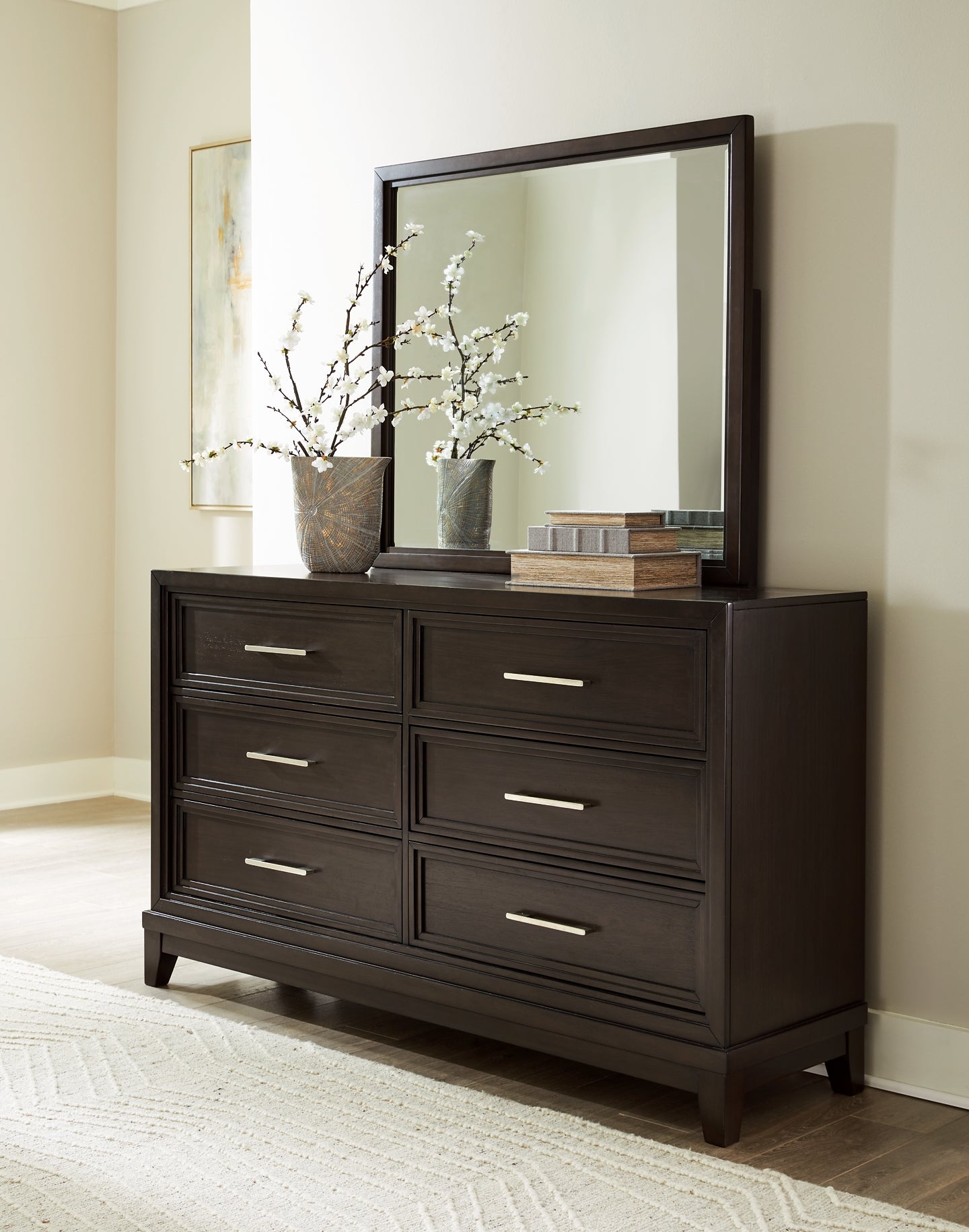 Neymorton California  Upholstered Panel Bed With Mirrored Dresser, Chest And Nightstand