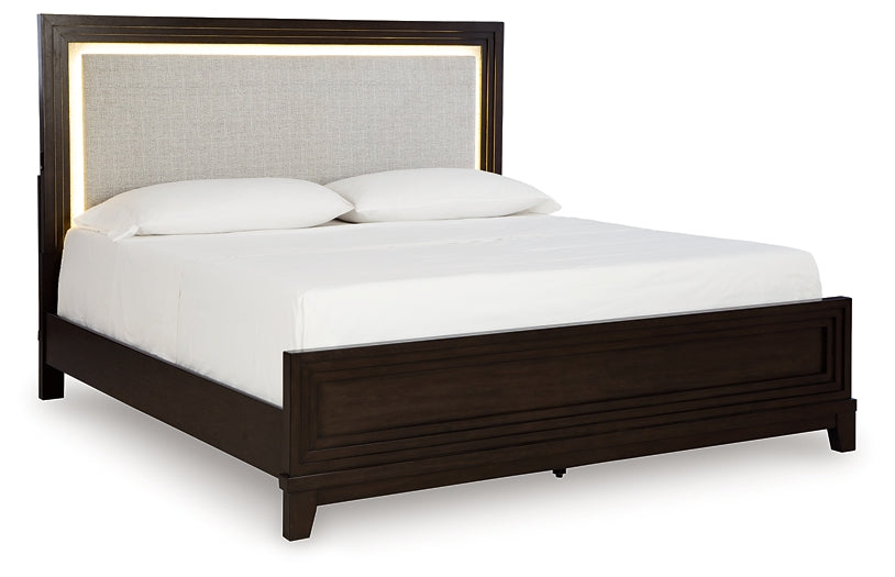 Neymorton California  Upholstered Panel Bed With Mirrored Dresser, Chest And 2 Nightstands