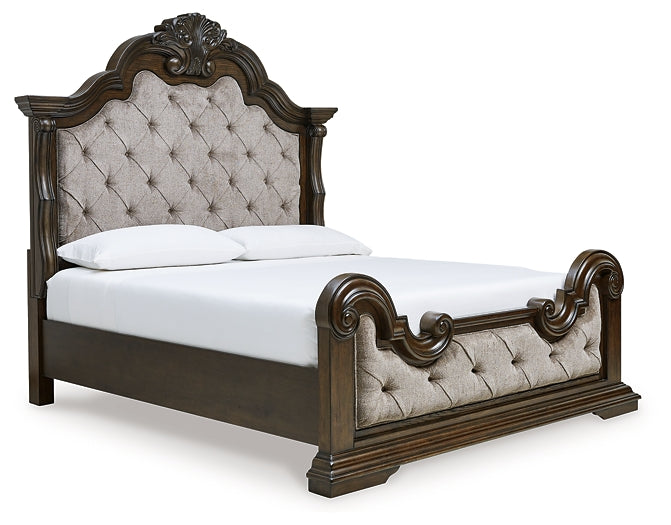 Maylee  Upholstered Bed With Mirrored Dresser And Nightstand