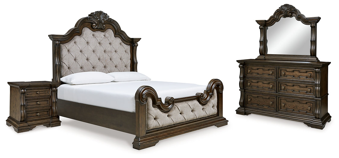 Maylee  Upholstered Bed With Mirrored Dresser And Nightstand